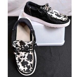 Hey Dude ~ Wendy Boho Cow Wild ~ Women Size 5 ~ Black White Cow Print ~ Slip On